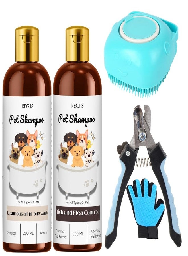 مجموعة شامبو الحيوانات الأليفة من ريجيس مع أدوات العناية، ومكافحة القراد والبراغيث، وغسول فاخر شامل، زجاجات سعة 200 مل، تتضمن فرشاة تدليك ومقص أظافر (عبوة من 5 قطع) - Image 1